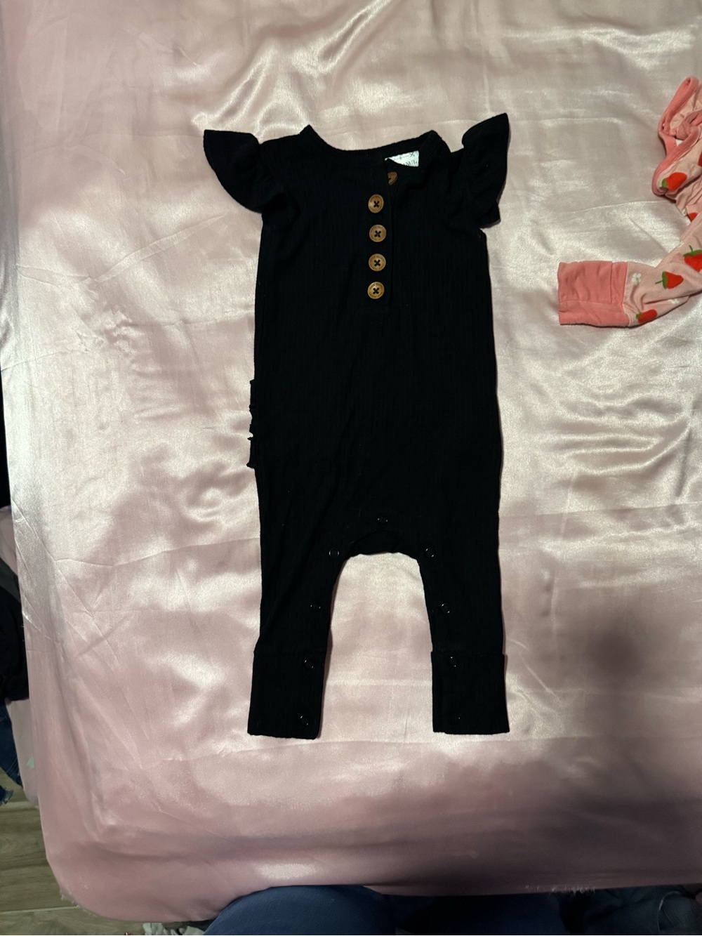 Posh Peanut Black Ribbed Flutter Sleeve Romper with Wooden Buttons